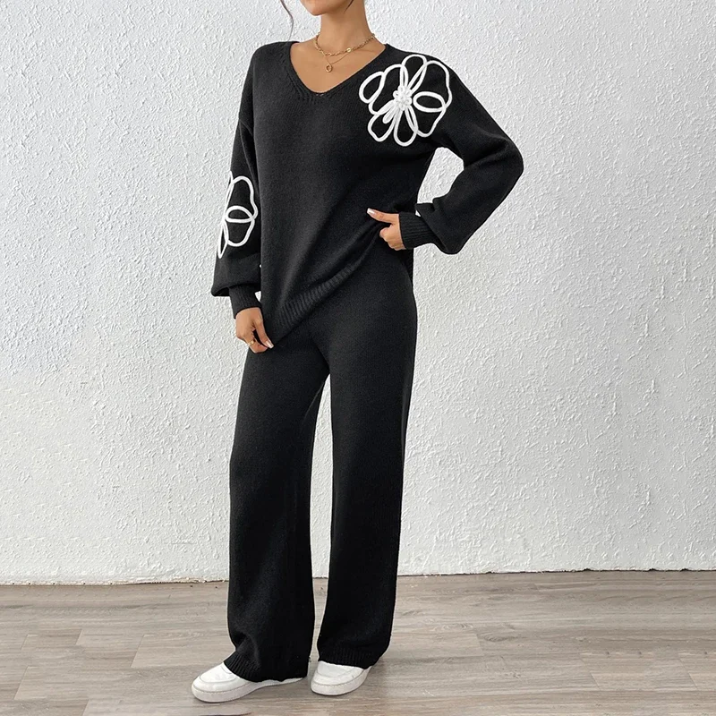

Three Dimensional Applique Knitted Pullover Design Top Wide-leg Pants Set Simple Temperament Two piece Sweaters Women's Set
