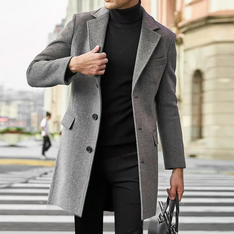 

Men's Fashionable Woolen Coat Autumn Winter New Style Warm Slim Fit Medium Length Windbreaker Cotton Polyester Blend Jacket