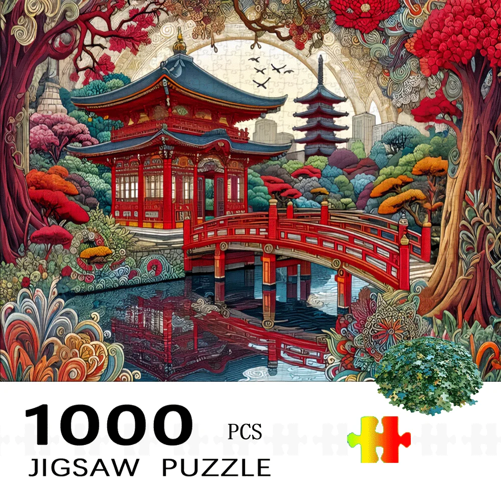 

1000pcs Japanese Pagoda Puzzle - Traditional Red & Golden Architectural Design with Lush Greenery, Challenging Brain Game for