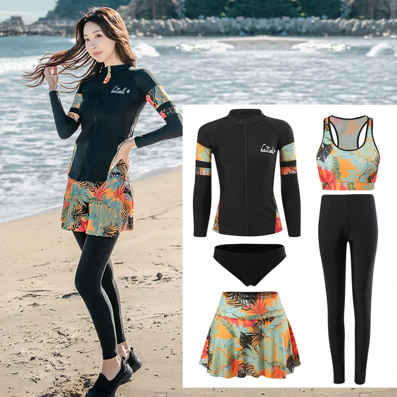 Women Five Piece Rash Guard Set Long Sleeve Swimsuit Swim Zip Up Shirt With Shorts Leggings Modest Bathing Suit Sun UV Protect