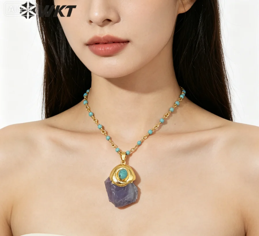 

WT-N1288 Amazing Handmade Green Turquoises Rosary Beads Chain Blue Fluorite Pendant Necklace In Gold With Irregular Stone Shape