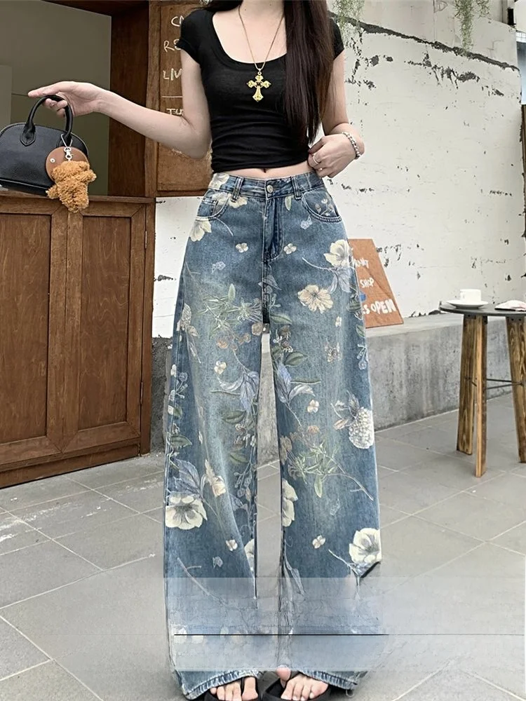 

Ретро американские джинсовые брюки большого размера с принтом, женские осенне-зимние тонкие прямые широкие длинные брюки с высокой талией