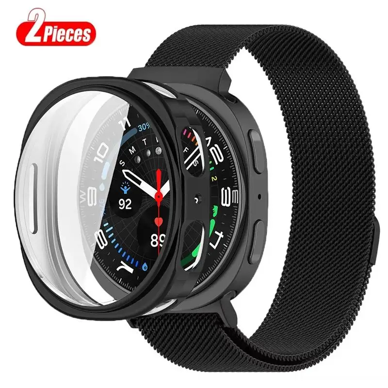 Milanese Loop + Hülle für Samsung Galaxy Watch 8 9 40 44mm Edelstahl-Metall-Mesh-Armband + PC-Abdeckung für Galaxy Watch 8 9 Armband