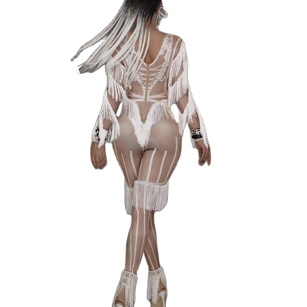 Nude Sexy White Tassel Dress And Jumpsuits For Women Party Club Clothing Stage Singer Perform Costumes Prom Dance Wears