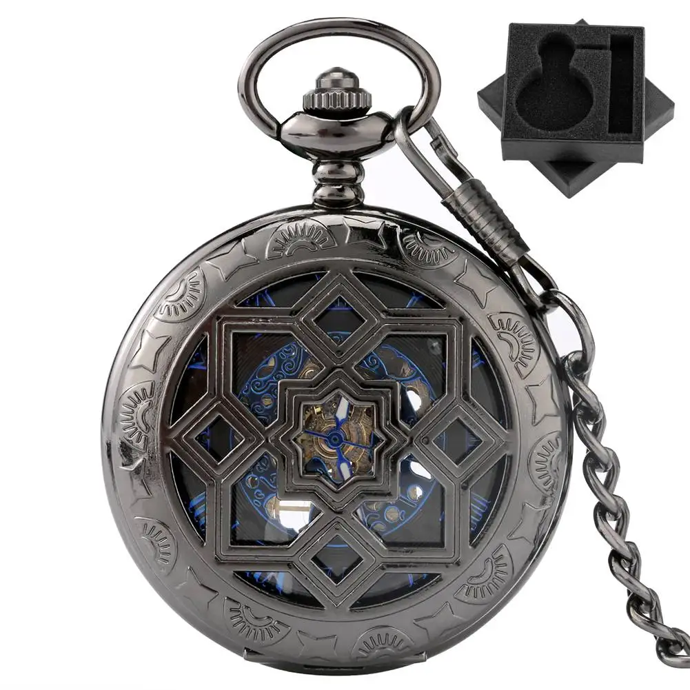 Ретро черные механические карманные часы с ручным заводом, синие римские цифры, циферблат, полый ромб, брелок-цепочка, кулон, карманные часы, подарок для мужчин