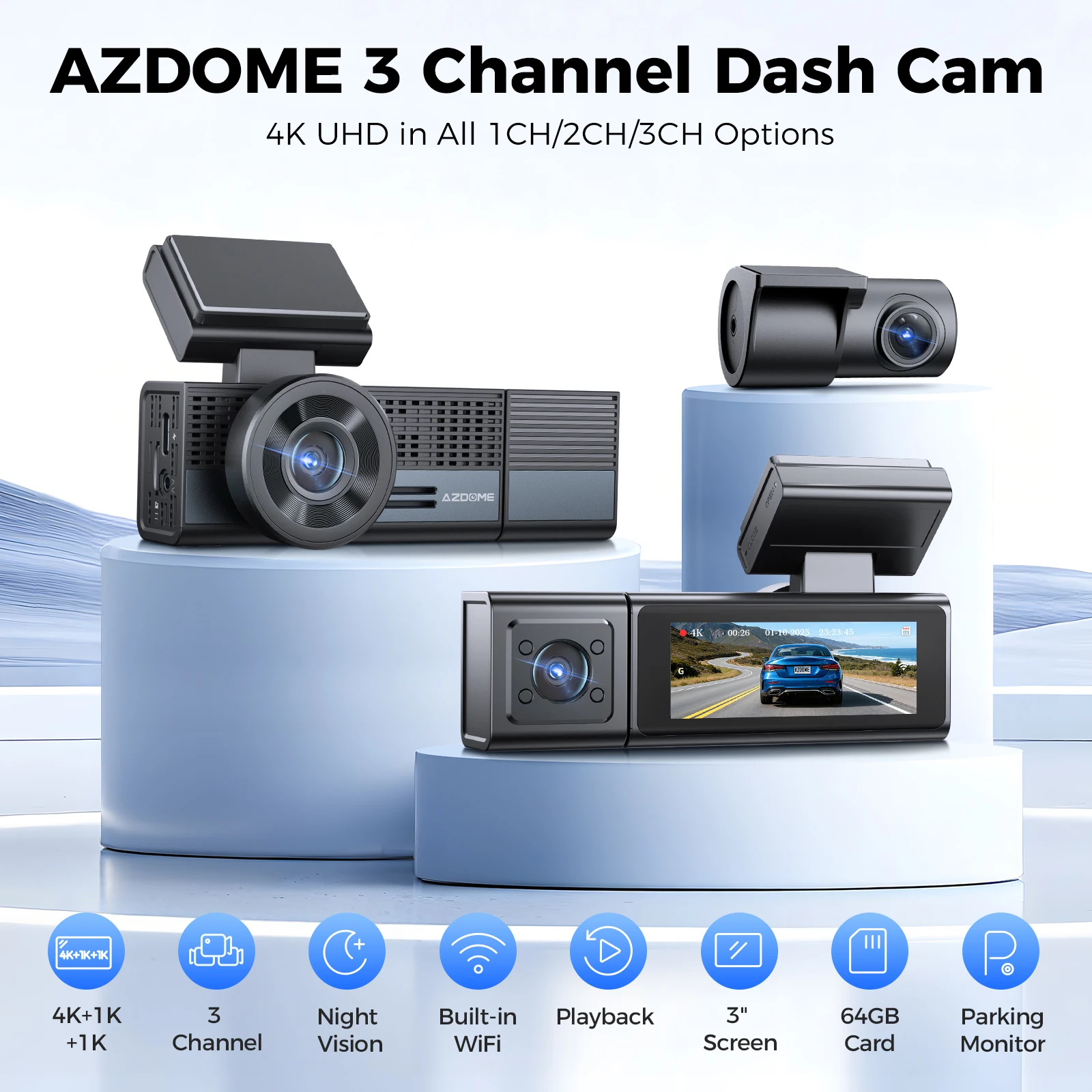 AZDOME M500 4K 3 Channel Dash Cam Front Rear Inside UHD Car DVR Night Vision G-Sensor 24H Parking Monitor Voice Control