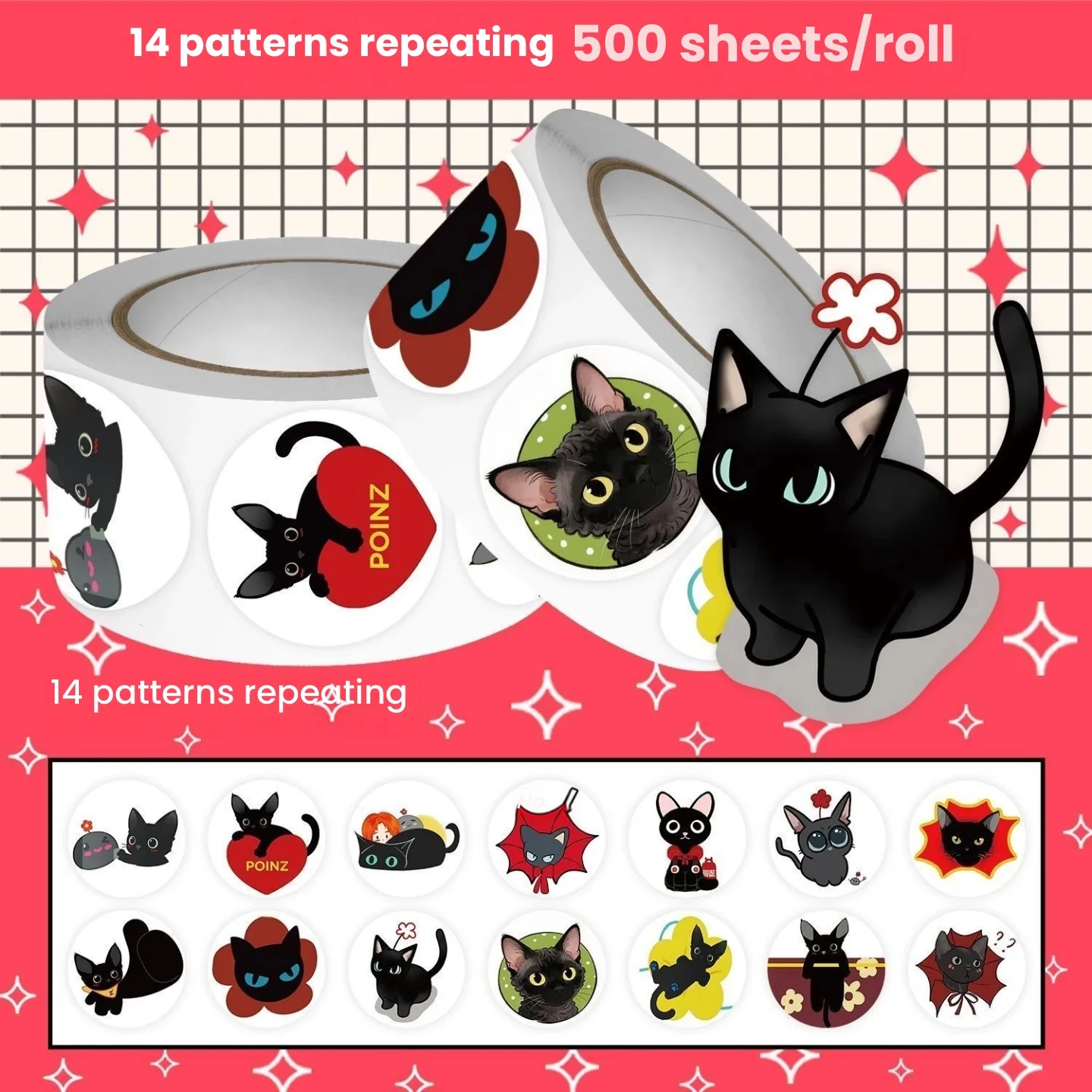 New 500Pcs Cute Cat Roll Stickers, Cartoon DIY Journal Stickers, Sealing Stickers for Scrapbooking