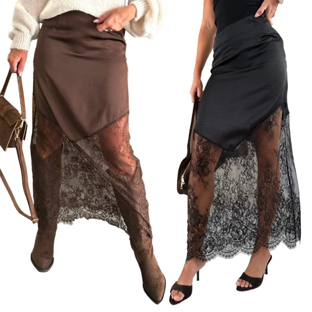 

Женская облегающая юбка миди с кружевными вставками, чувственная, для осени и зимы, трансграничная продажа