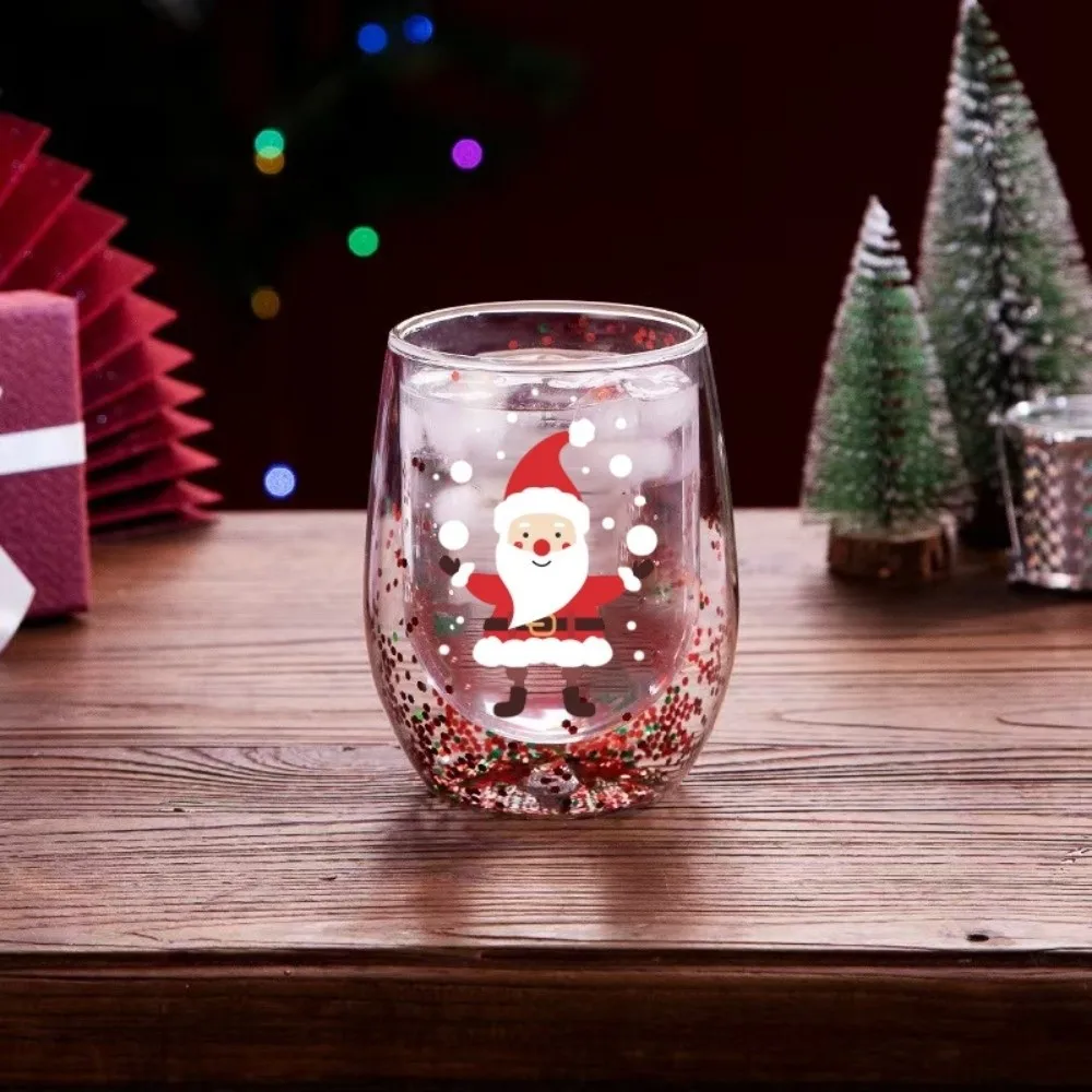 Heat-resistant Double-layer Sequins Christmas Glass Cup Transparent Reusable Coffee Milk Mug Tea Espresso Cup Creative Xmas Art