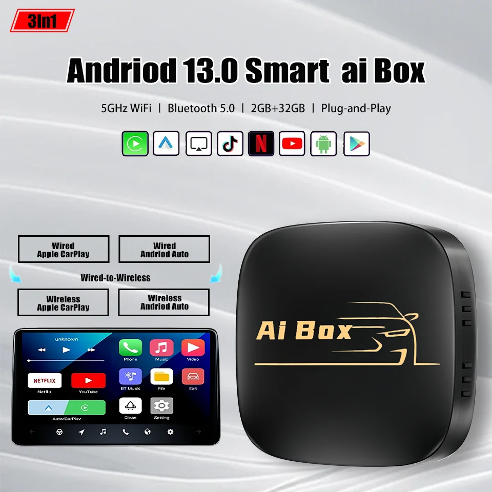 2025 New Android13 Ai Box Wireless Apple Carply & Android Auto Multimedia Smart Box Built-in Netflix YouTube Google App Store