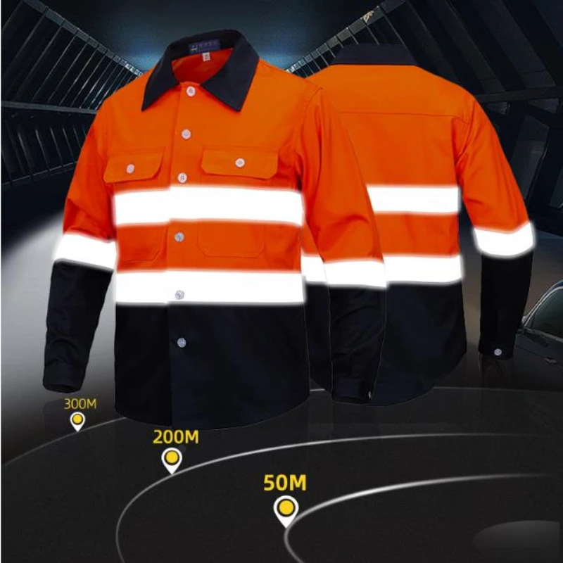 Men Reflective Stripe Cotton Shirt Big Size S-4XL Safety Breathable Wear-resistant Lapel Work Wear Multi Pocket Long Sleeve Top