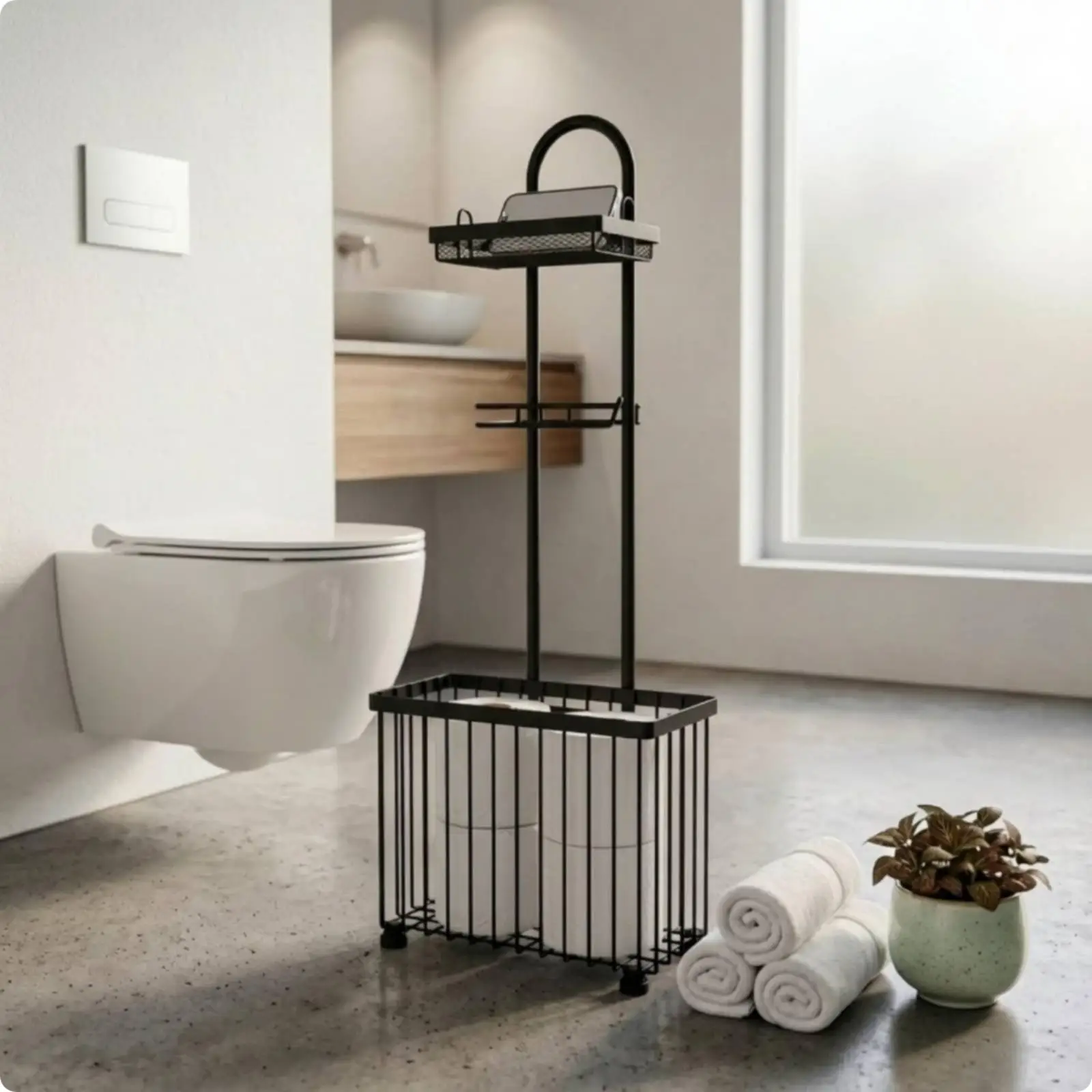 Toilet Paper Holder with Shelf and Basket Metal Toilet Paper Holder Stand with Storage Basket Space-Saving for Washroom, Powder