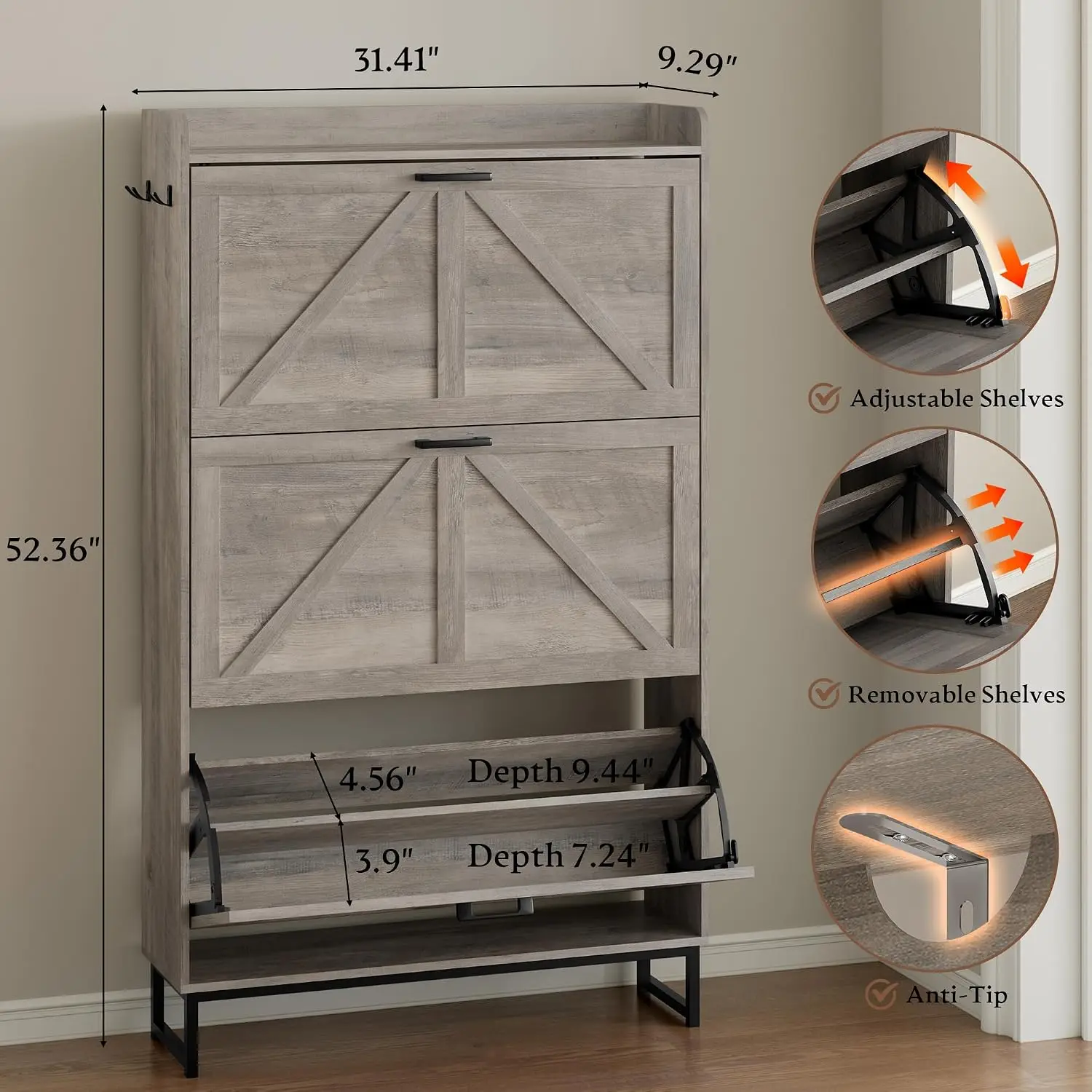 Slim Hidden Wooden Narrow Shoe Cabinet 3 Flip Drawers Freestanding Storage Organizer, Customized