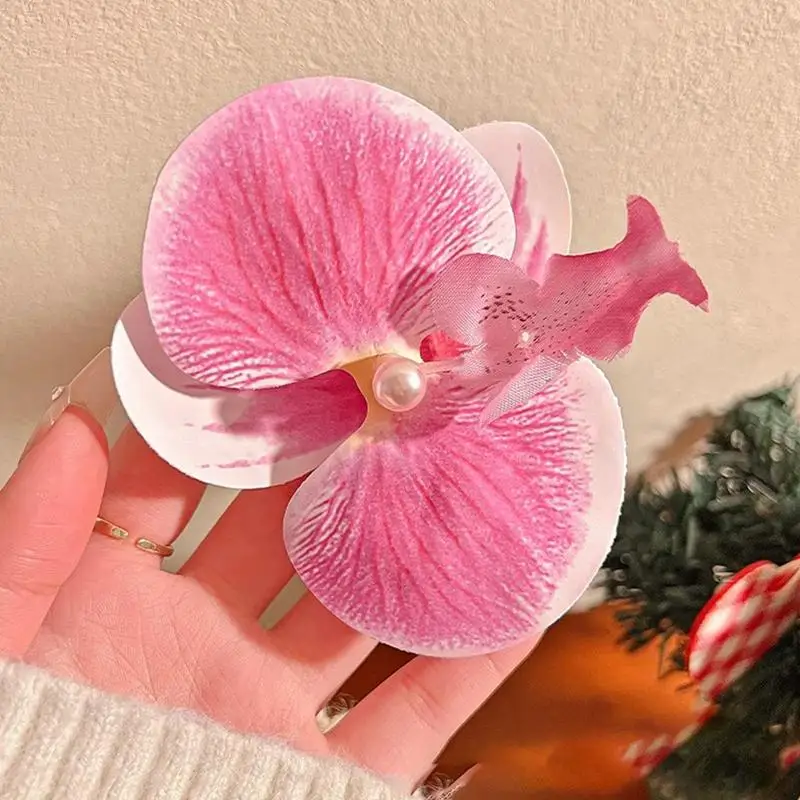 Sweet Pink Orchid Flower Hair Clip Headdress Korean Pearl Flower Hairgrip Barrettes Ornament Bohemia Bridal Hair Accessories