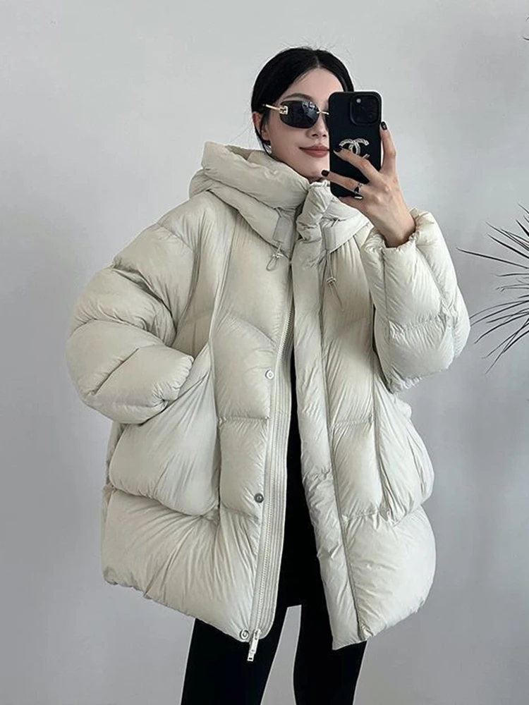 Winter New Puff Down Jacket Female Thickened White Duck Down Warm Coat Women Medium-length Loose Solid Thick Hooded Overcoat