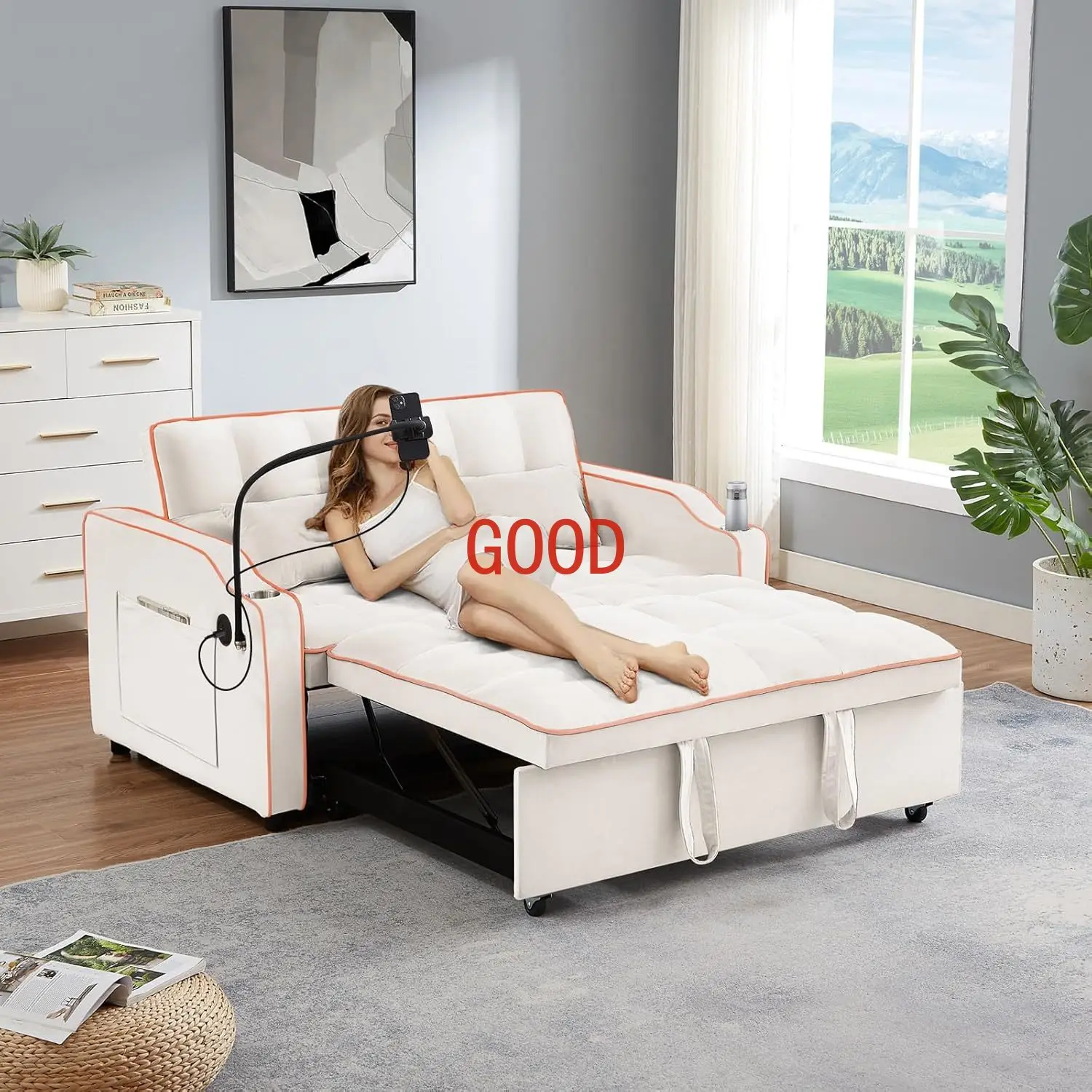 

3 in 1 Convertible Velvet Pull Out Couch Bed w USB&Type C Port,Comfy Futon Loveseat w Adjustable Backrest&Phone Stand&Cup Holder
