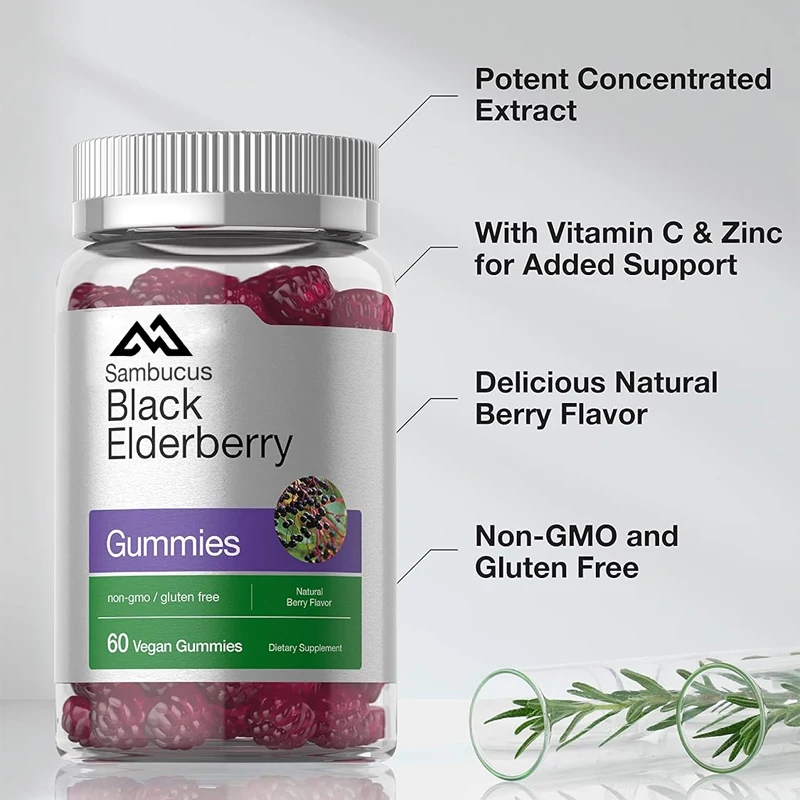 

Black elderberry gummies | 60 capsules containing zinc and vitamin C, vegetarian, non GMO, gluten free, fruit flavored puree