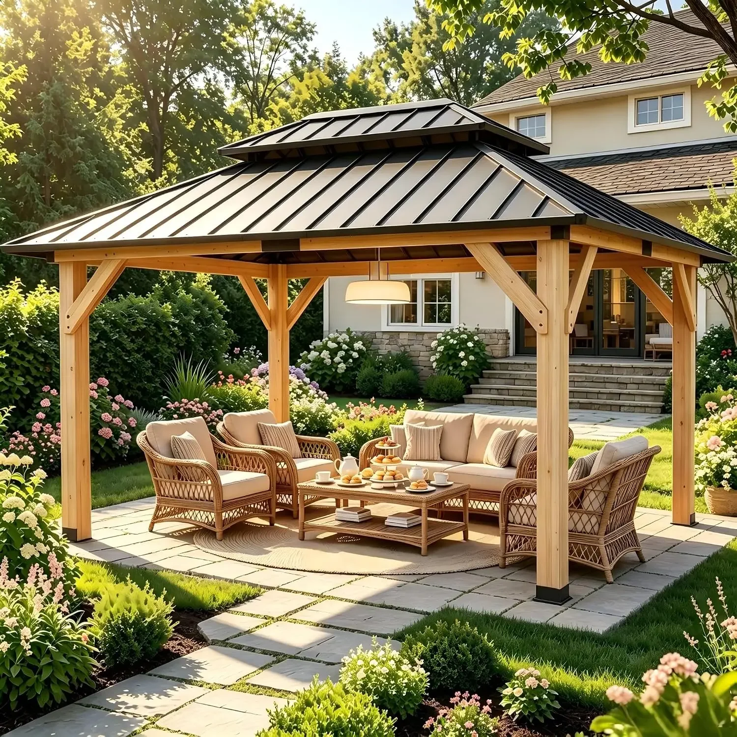10' x 12' Wooden Gazebo,Patio Hardtop Gazebo Wood,DIY Color Permanent Pavilion with Galvanized Steel Double Metal, Customized