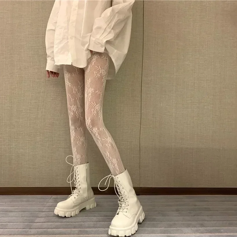 Sexy schwarz weiß lolita ausgehöhlte Spitze Mesh Strümpfe Boden Strumpfhosen japanische Goth Blumen Rattan Strumpfhosen heiße klassische Leggings – Detail 3