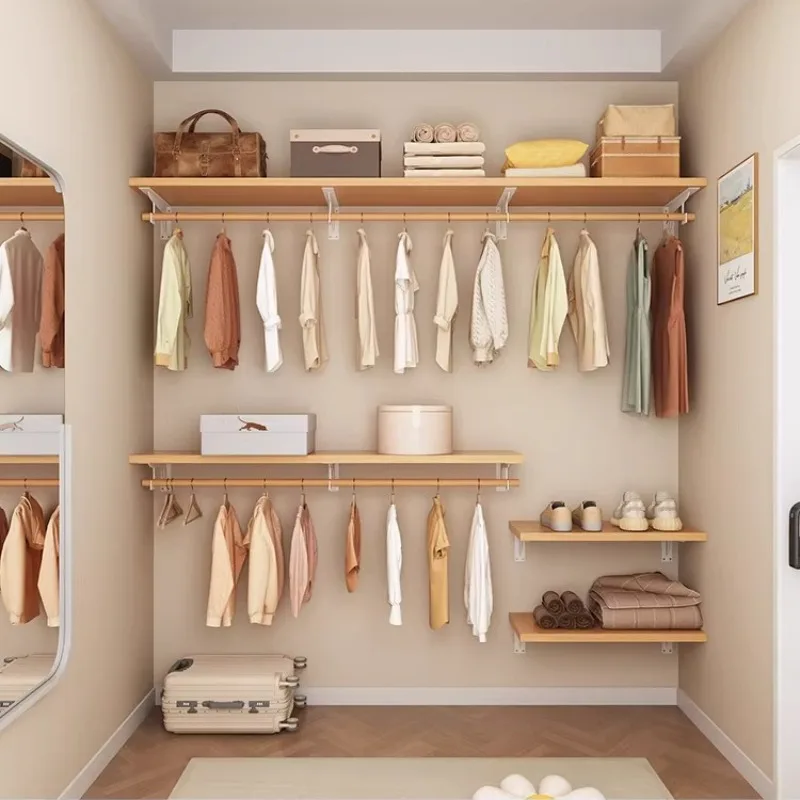 Modern Wall Closet System Solid Wood Open Wardrobe with Hanging Rods Bedroom Clothing Storage Solution Modular Garment Rack