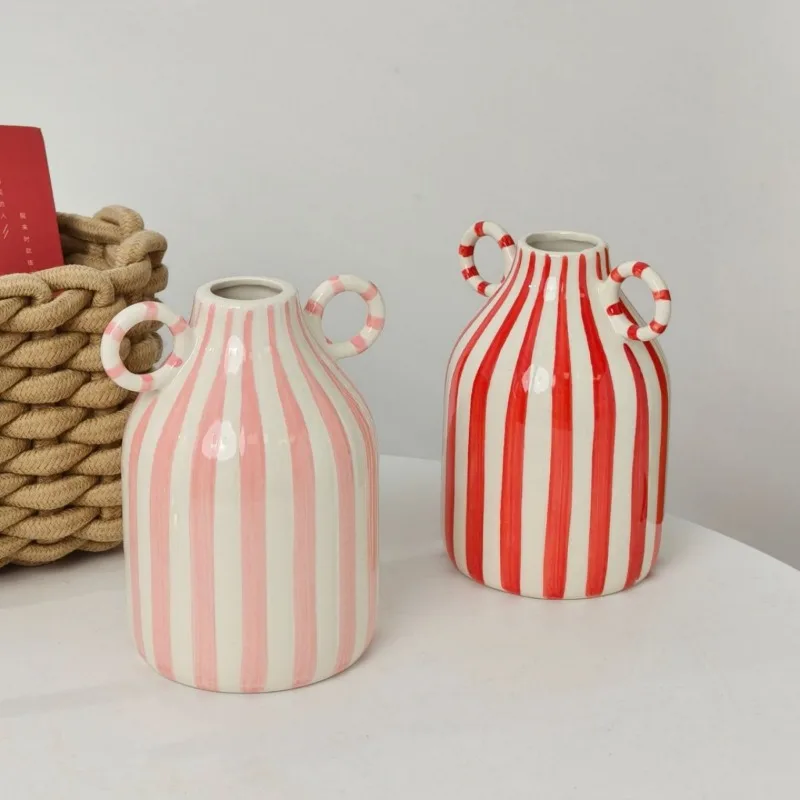 

1Pcs Ceramic Vase - Striped Cylindrical Design, Used for Living Room Decoration, Pottery, Decorative Decorations Home Decoration