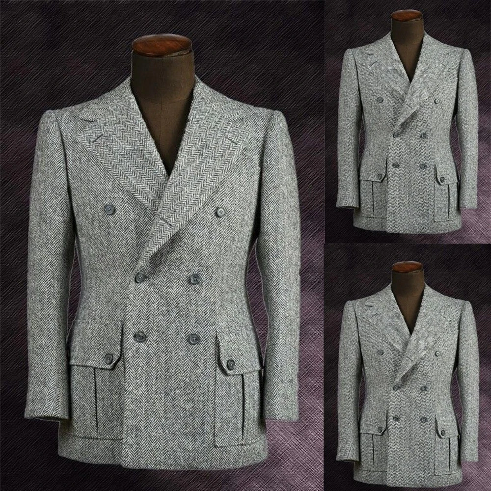 تخصيص تويد الرجال الدعاوى السترة أنيقة مزدوجة الصدر الذروة التلبيب نحيل 2 قطعة سترة السراويل مجموعات كاملة عالية الجودة السترة