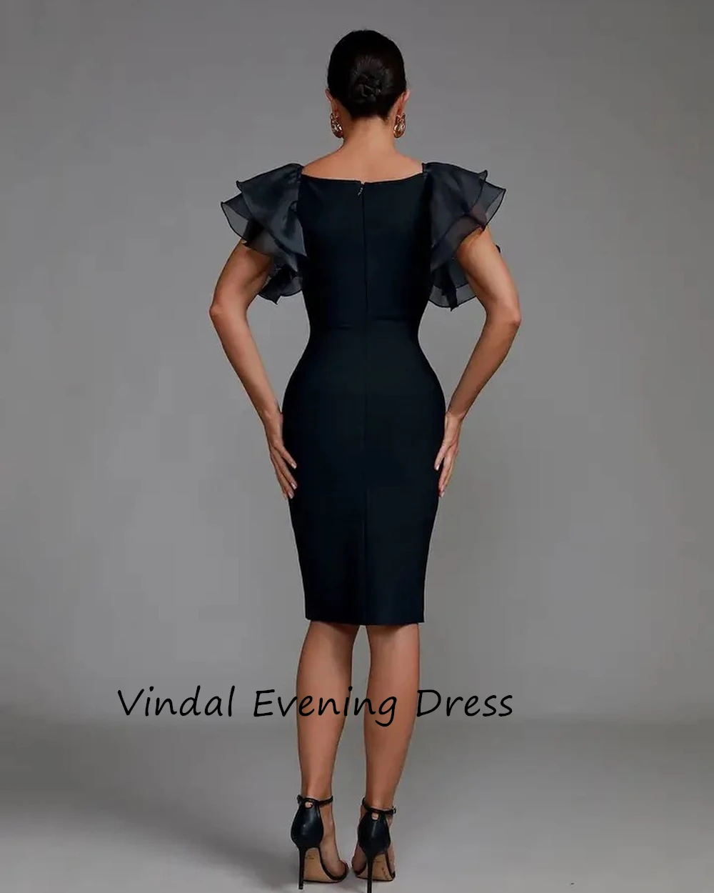 Vindal Crepe Knee length V-Neck luxurious Fashion Ruffle Straight Breast Padding Elegant Short Sleeves السعود For Woman 2024