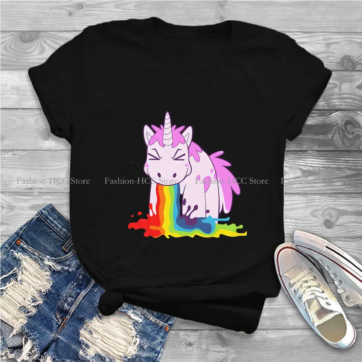 I Puke Rainbows Round Collar TShirt Cute Unicorn Cartoon Original Polyester T Shirt Woman\'s Tops Fashion