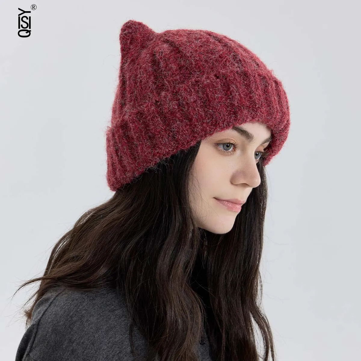 

Cute Cat-eared Solid Color Pullover Knitted Woolen Cap Thickened Warm Winter Cap for Women