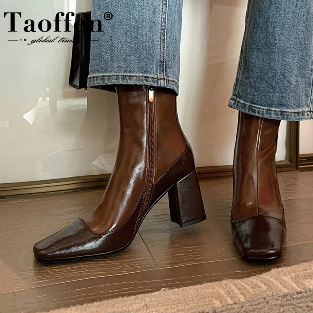 

Taoffen Fashion Women Ankle Boots Mixed Color Real Leather Thick High Heel Boots Ladies Square Toe Party Club Stretch Boots 2024