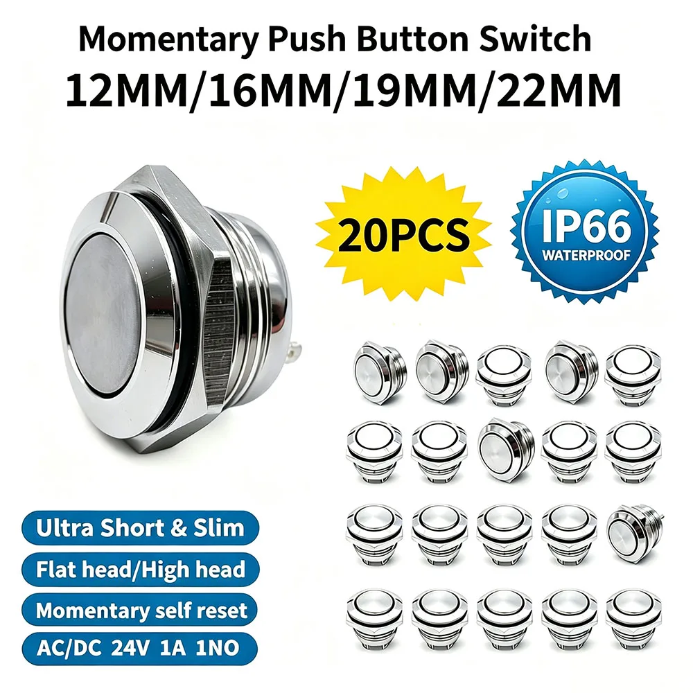 20PCS 12/16/19/22mm ultra-short micro-stroke thin NO LED switch 24V instant self-reset waterproof metal button switch 1NO Touch