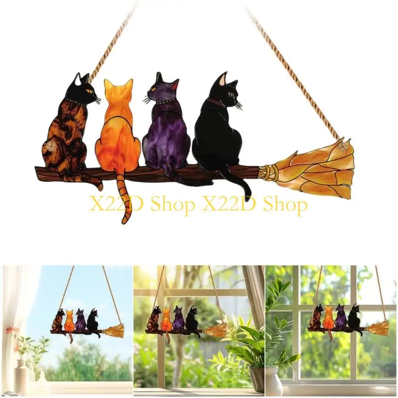 X22D Cats with Broom Theme Reflective Window Hanging Ornament Shatter Resistant Acrylic Suncatchers Home Garden Patios Decors