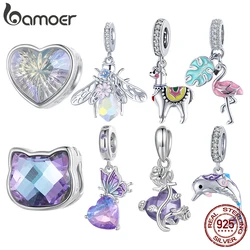 Bamoer 925 Sterling Silver Rainbow Unicorn Bead Crystal Heart Cat bee Butterfly Dolphin Charms Fit Bracelet DIY Necklace Jewelry