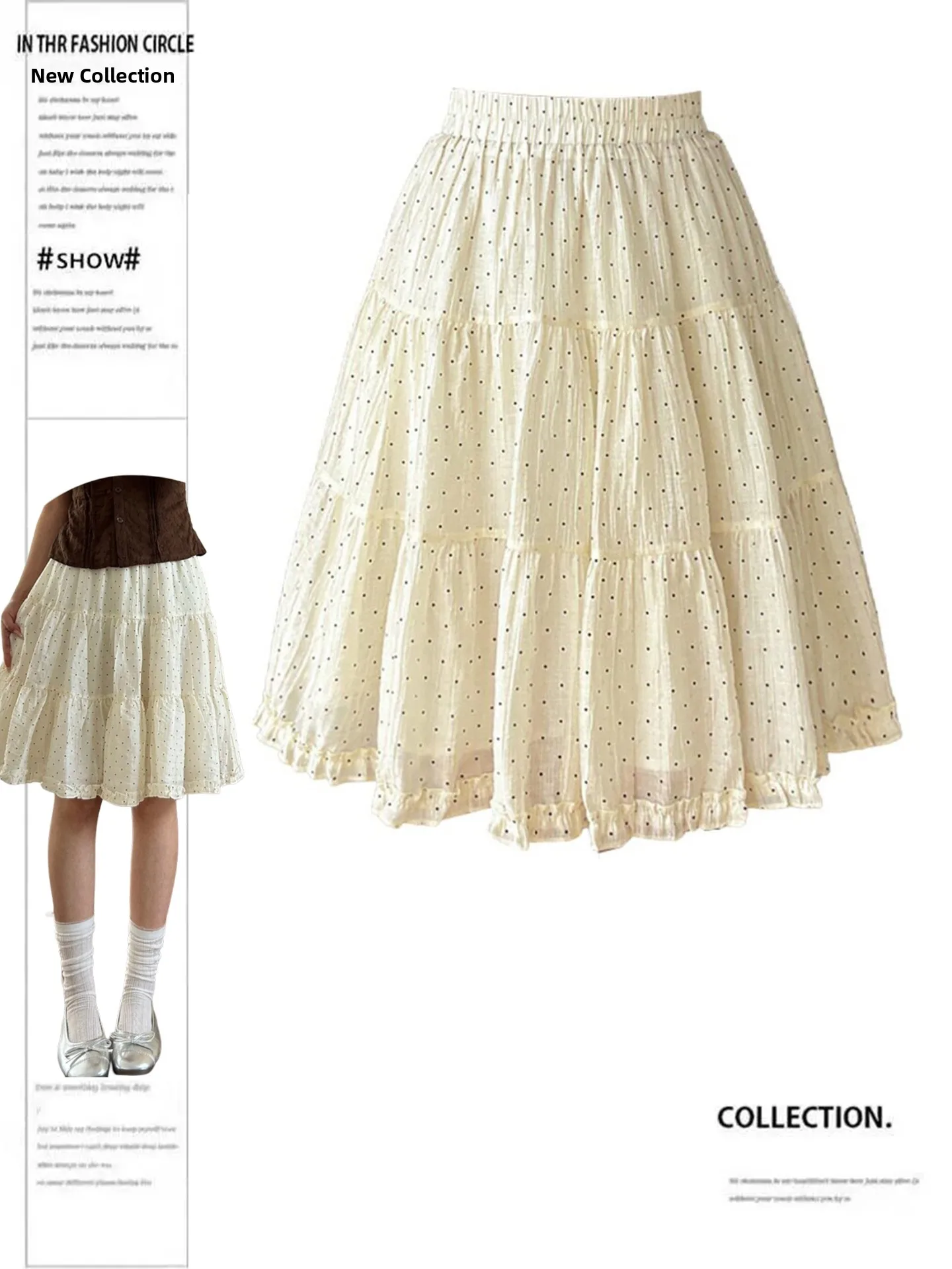 

plus Size A-Line Skirt with Wood Grain Ruffle Women's Summer Slimming Polka Dot Half-length Skirts Casual High Waist