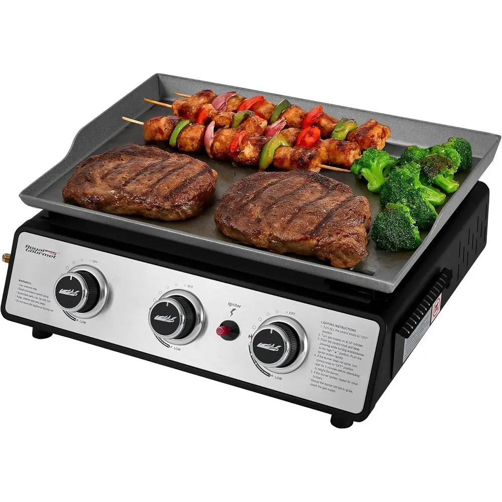 

PD1301S Portable 3-Burner Tabletop Gas Griddle, 25,500 Coo, 304 Sq. In. Cooking Surace, Ideal or Camping & Taiating, Black & Sil
