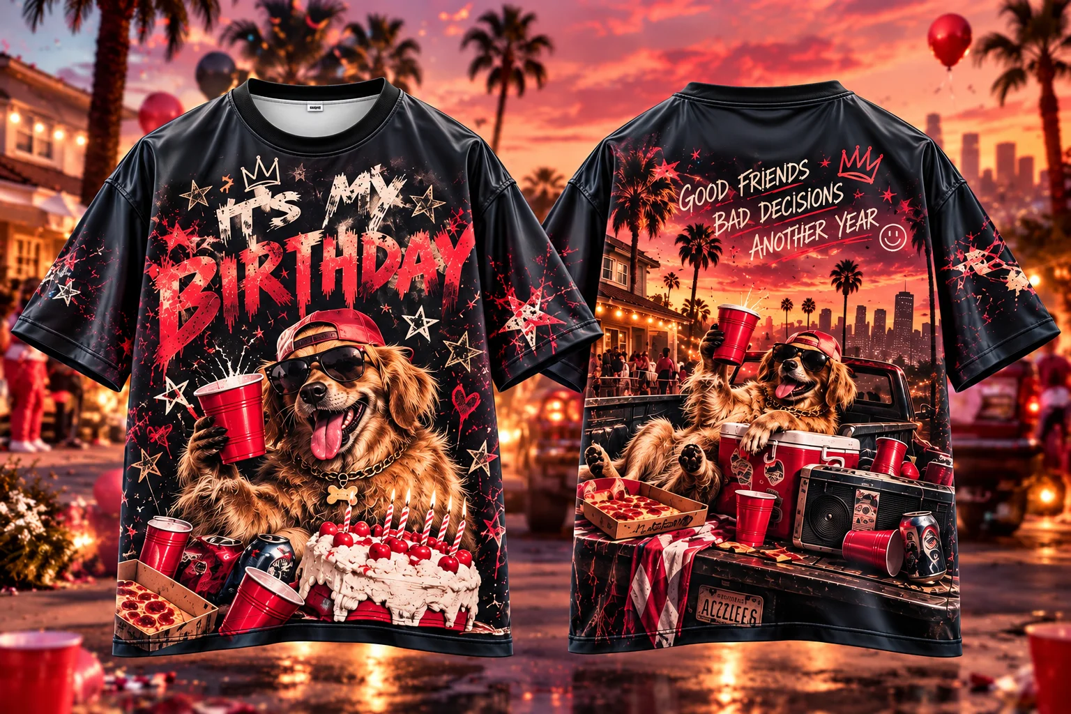 It's My Birthday Funny Animal Graphic T-shirt, Good Friends Bad Decisions Birthday Crew Tee, Y2K Gaming Street Casual Unisex Top