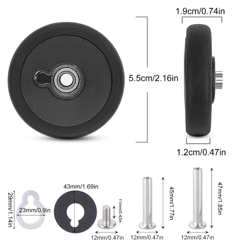 Maleta equipaje negra 55mm, ruedas dobles para reparación ruedas dañadas, 8 Uds.