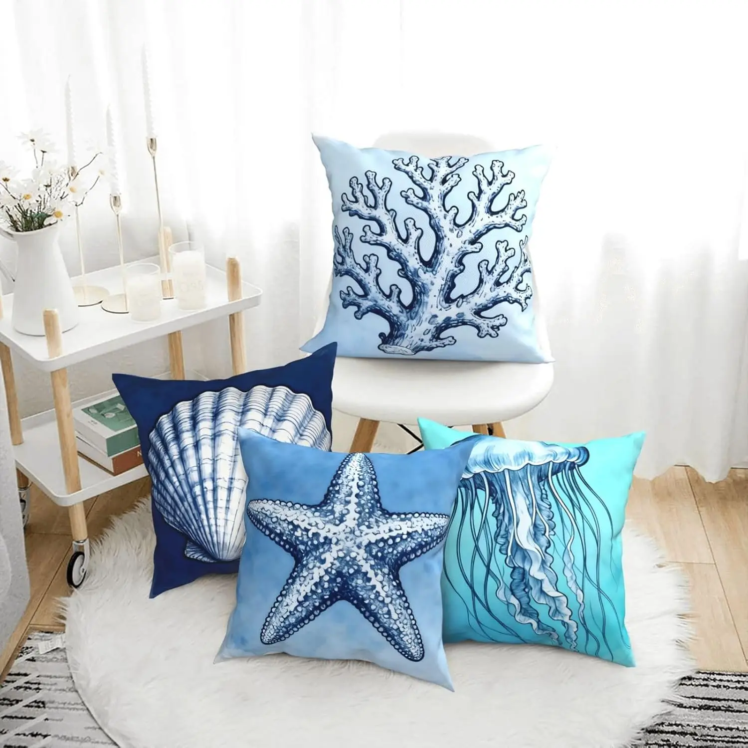 Set of 4 Printed Nautical Ocean Theme Throw Pillow Covers Coral Reef Starfish Shell Jellyfish Marine Coastal Beach Home Decor Cu