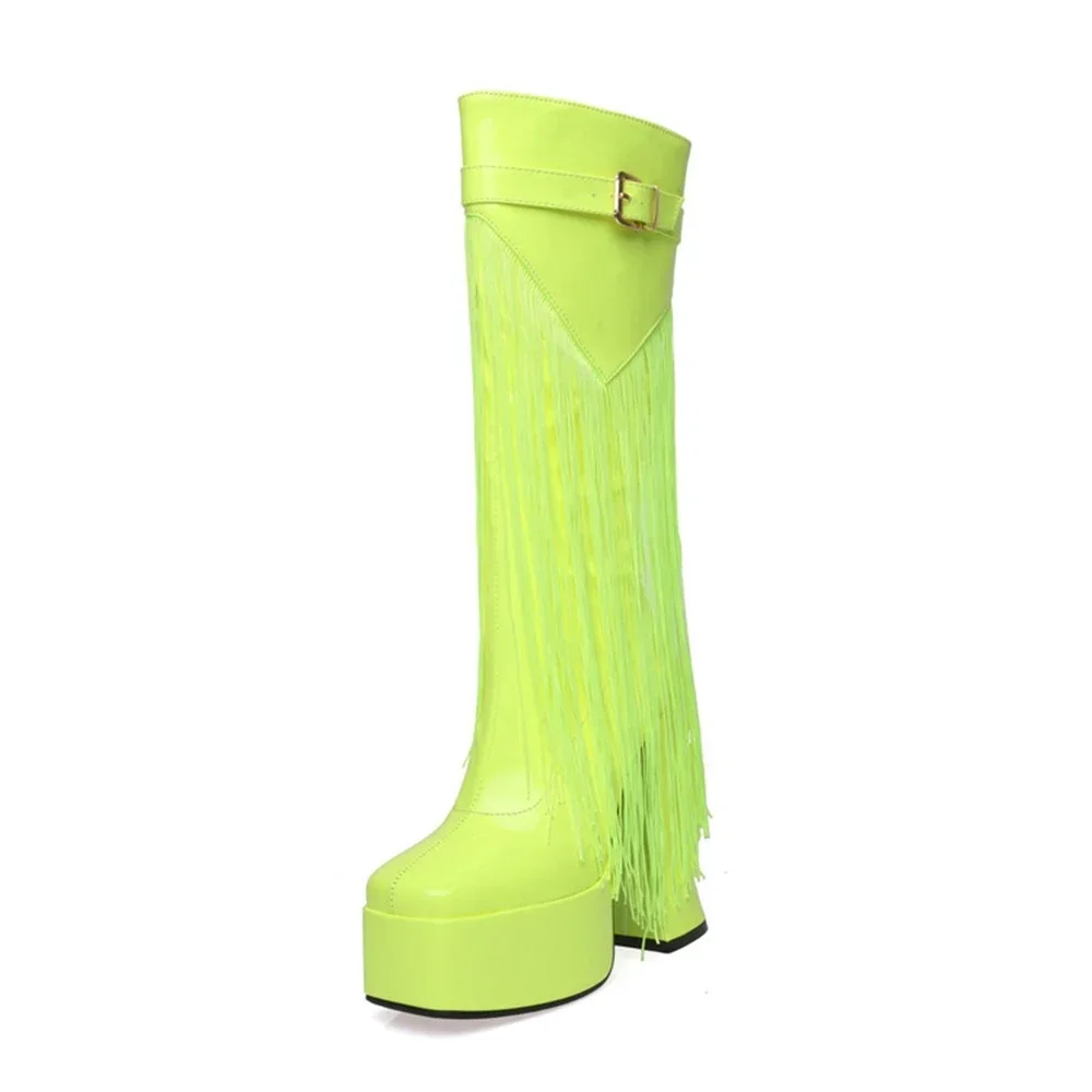 

Botas De Mujer Роскошные дизайнерские сапоги до колена Женская мода Высокие каблуки с кисточками из лакированной кожи Большой размер 46, туфли на платформе 2302-8
