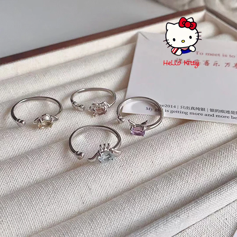 Light Luxury Style Sanrio Kuromi Ring Cute Cartoon Cinnamoroll Melody Adjustable Simple Elegant Crystal Ring Jewelry Accessories