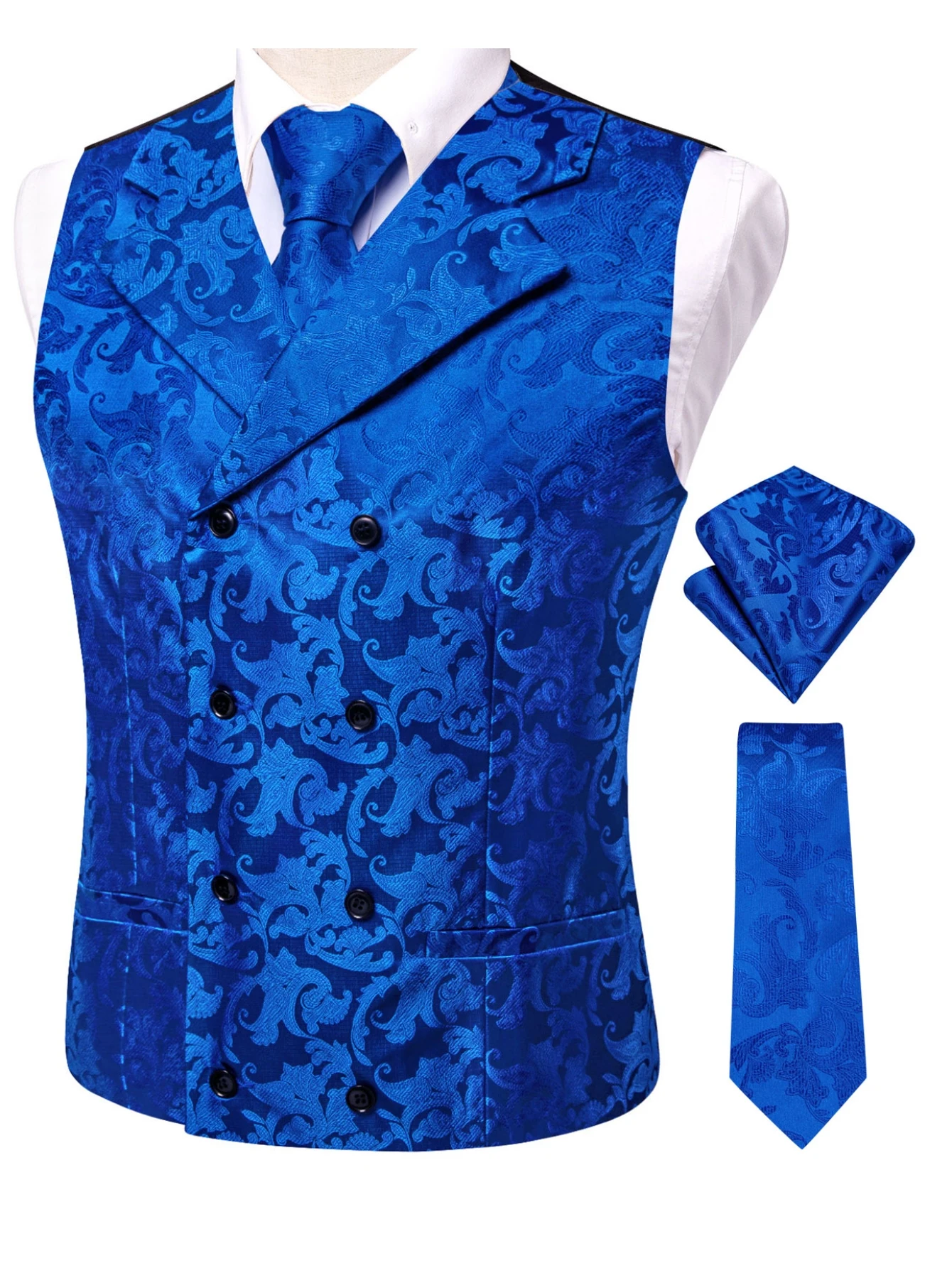 Double Breasted Lapel Waistcoat 3 Piece Set, Men Formal Vest with Matching Tie & Pocket Square for Wedding Business