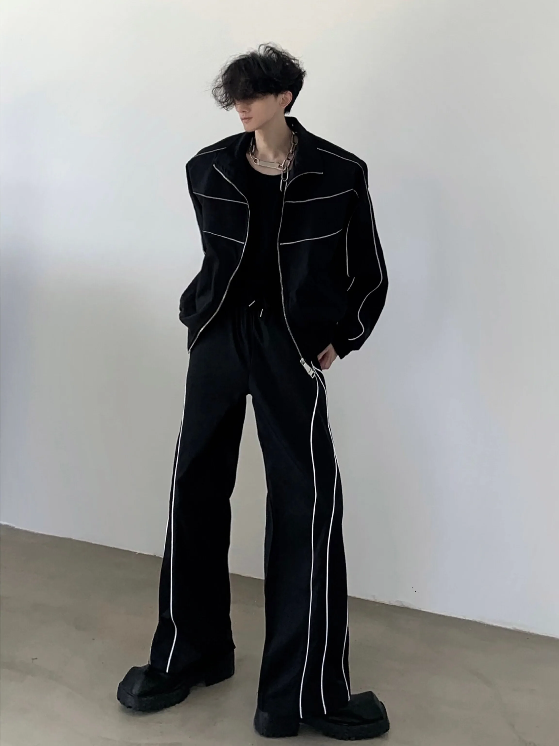 Autumn Mountain Wind Men's Sportswear Set Pad Shoulder Jacket with Reflective Strips Long Sleeve Long Pants Casual High-End Feel