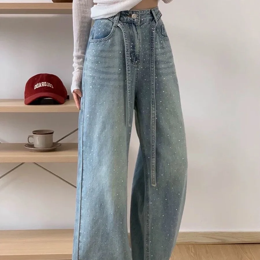 2026 Hot Sale Jeans High Waist Straight Leg Denim Jeans Women's New Arrival Glowing Rhinestone Wide Leg Floor Length Pants
