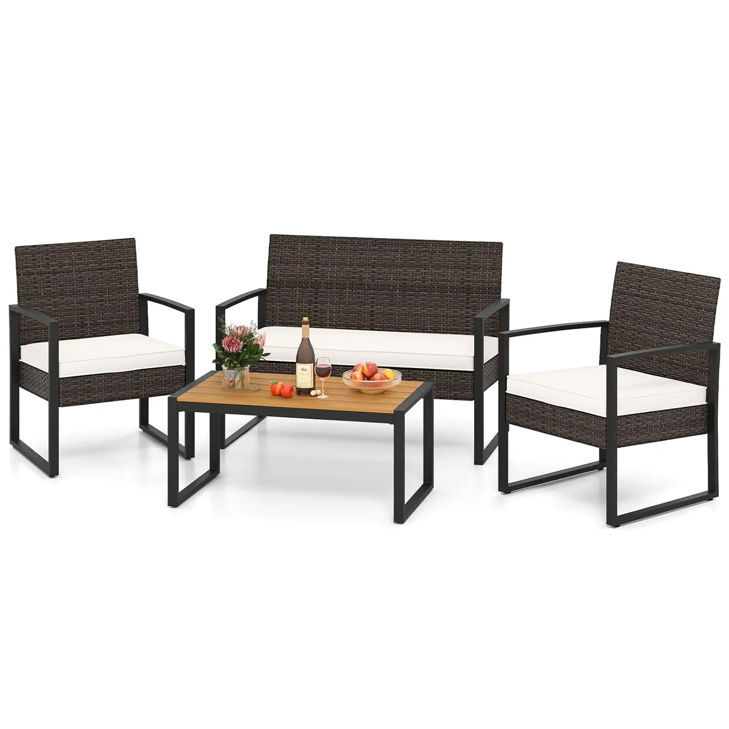 o*-4 Pieces Patio Furniture Set, Outdoor Rattan Conversation Set w/Cushioned Chairs & Wood Plastic Coffee Table,, Customized
