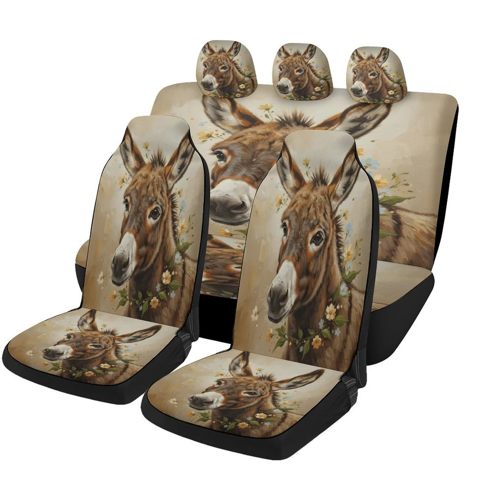 Donkey With Flowers Car Seat Cover Set - Trendy High-Quality Polyester, Universal Fit For Most Cars, Stylish Animal Print Design