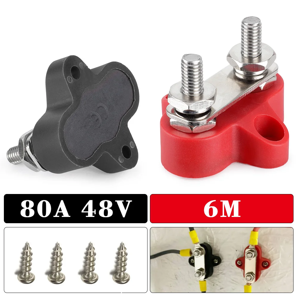 Terminal Block M6 Dual Stud 80A DC 48V Bus Bar Power Terminal Block Positive Negative Fixed Wiring Bolts for Truck RV Boat