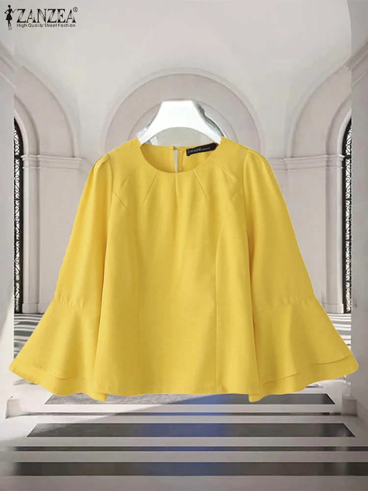 

ZANZEA Casual Flare Sleeve Blouse Women Fashion O Neck Blusas Solid Color Loose Tops 2025 Autumn Simple Tunic Oversized Pullover