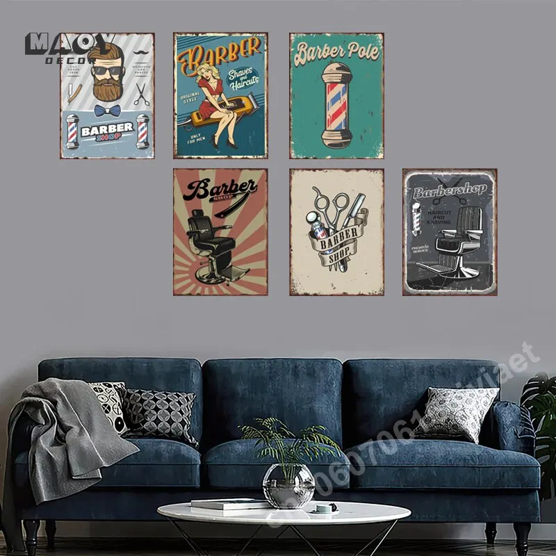 Plaque décorative murale rétro en métal pour salon de coiffure, 18 panneaux, outils de styliste vintage, motif lanterne rotative, pour hall de réception