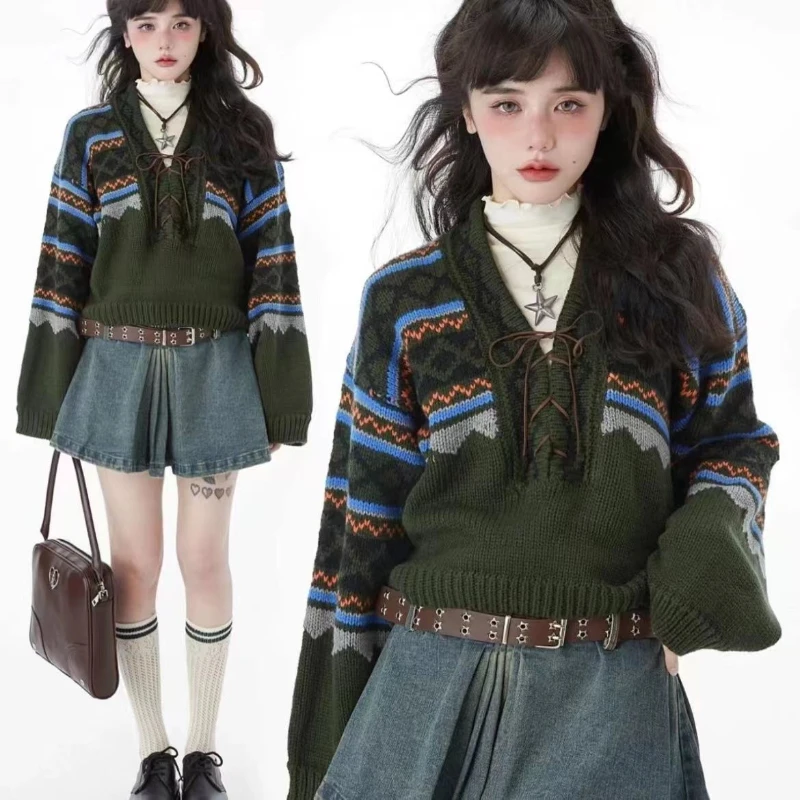 Vintage Y2k Green Sweater Women Harajuku 90s Streetwear Oversize Cropped Jumpers Patchwork Jerseys Hippie Bandage Knitted Tops