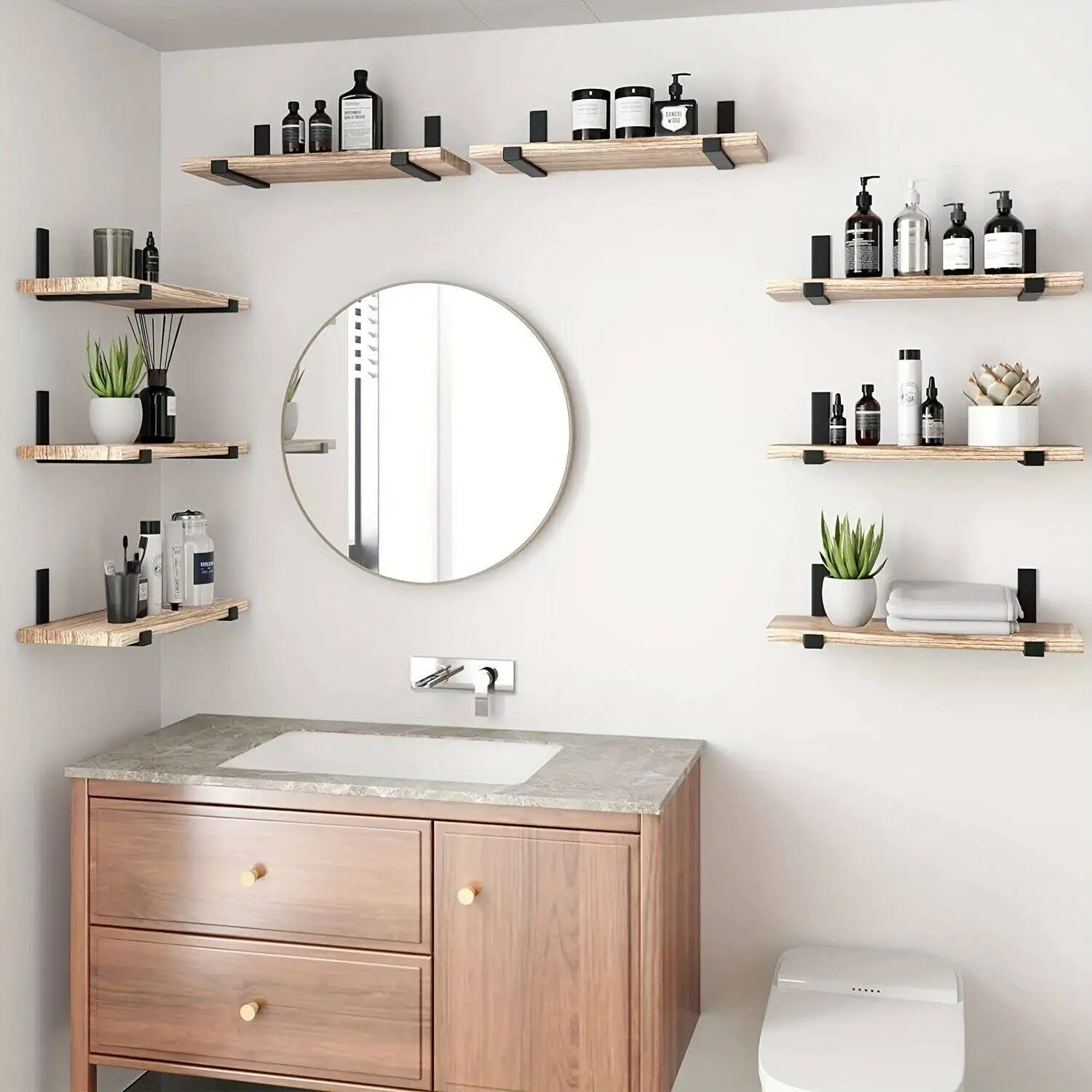 1 ชุดไม้แขวนผนังชั้นเก็บ,ห้องน้ํา,ห้องนั่งเล่น